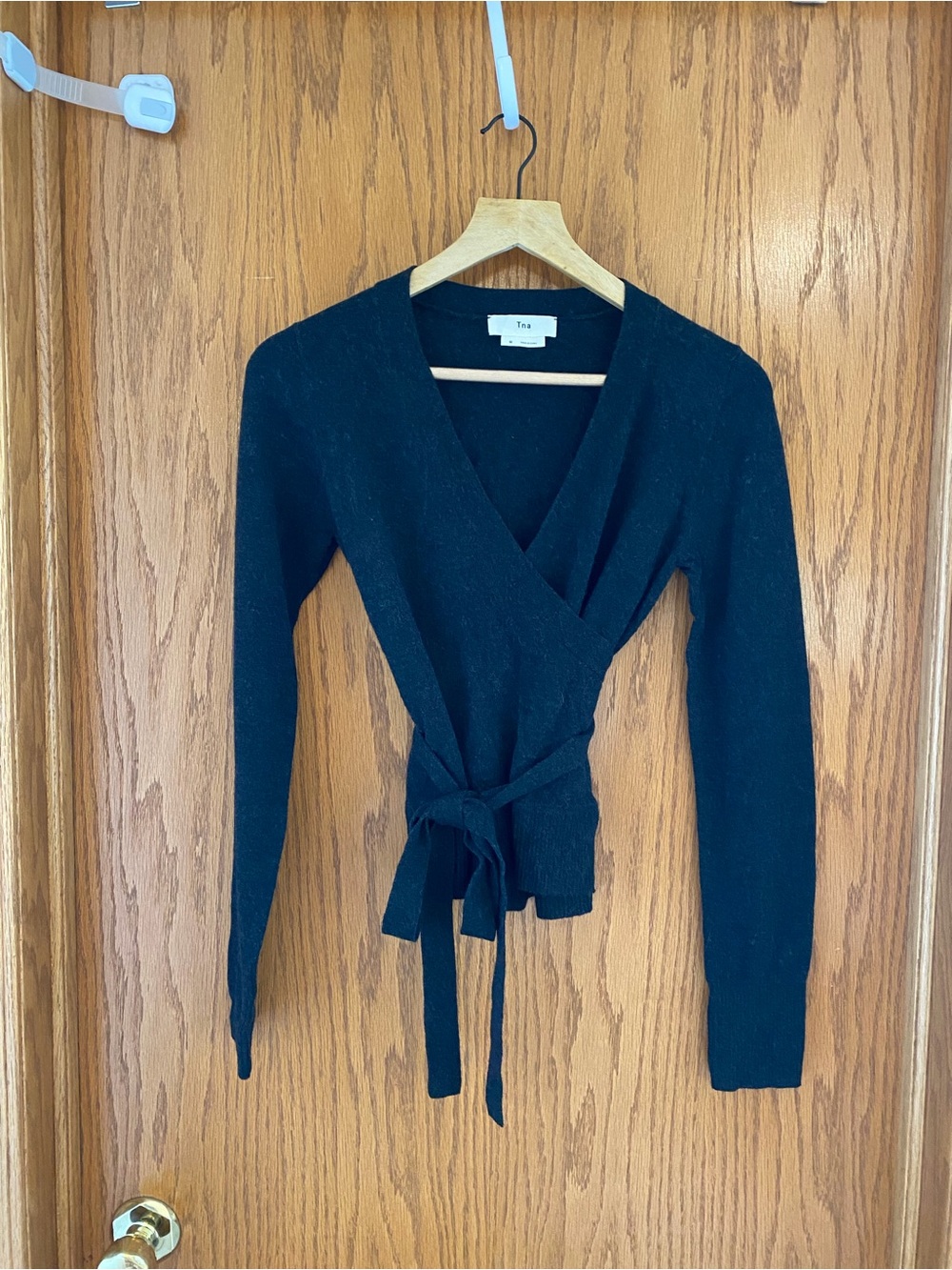NWOT - TNA Charcoal V-Neck Crop Wrap Cardigan with Tie - 100% Wool